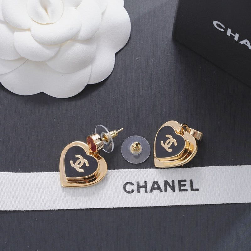 Chanel Black & Red Heart Gold 18K Gold Earrings