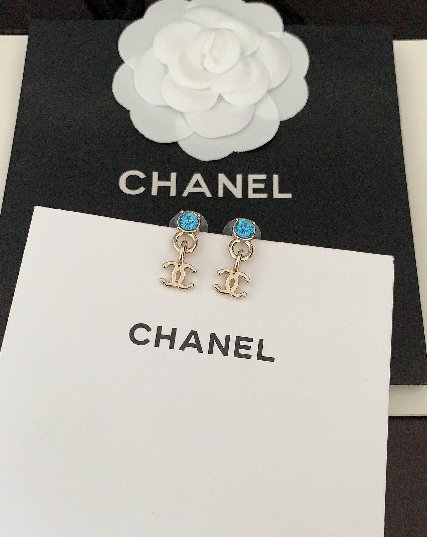 Chanel Blue Crystal 18K Gold Earrings