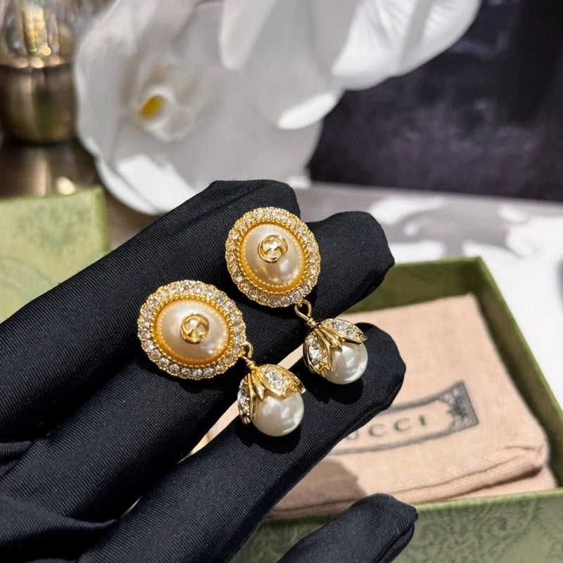 Gucci Double Flower Pearl 18K Gold Earrings