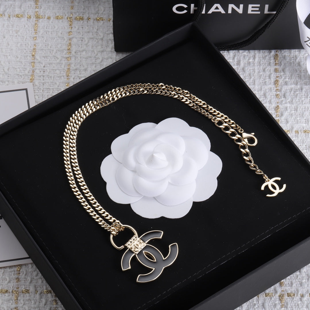 Chanel Black Resin Logo 18K Gold Necklace