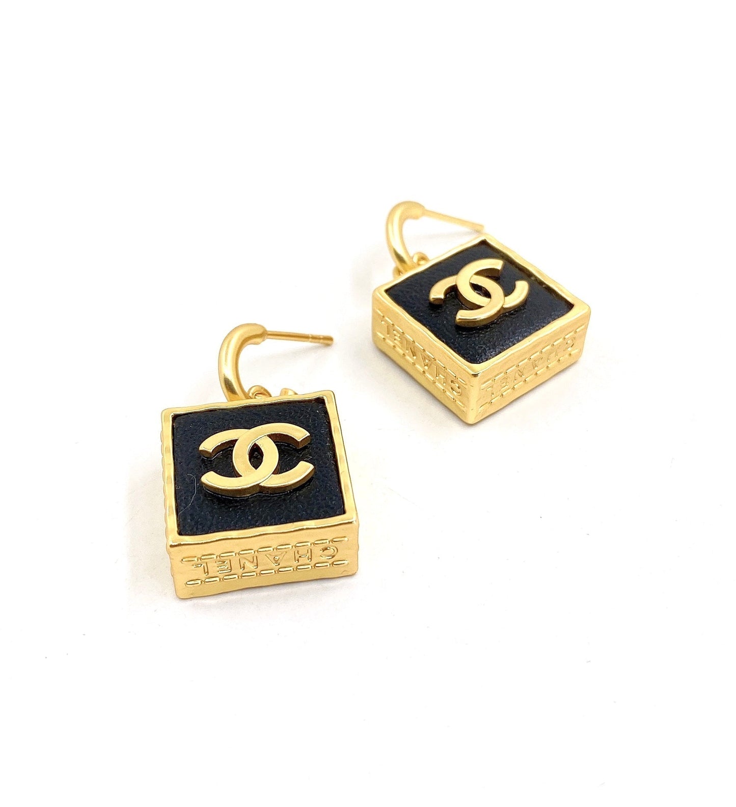 Chanel Black Bag Pendant 18K Gold Earrings