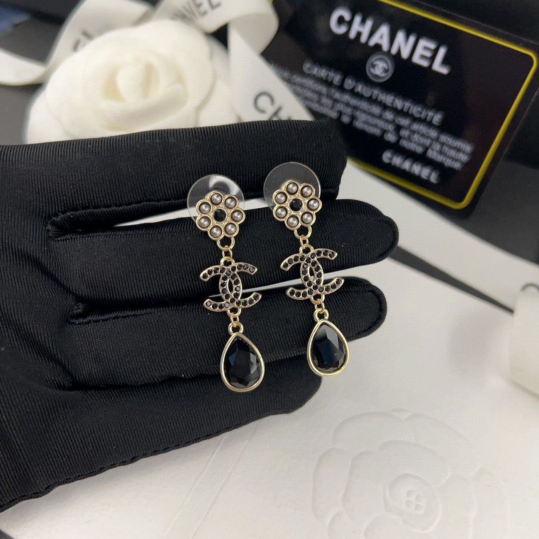 Chanel Black Crystals 18K Gold Earrings
