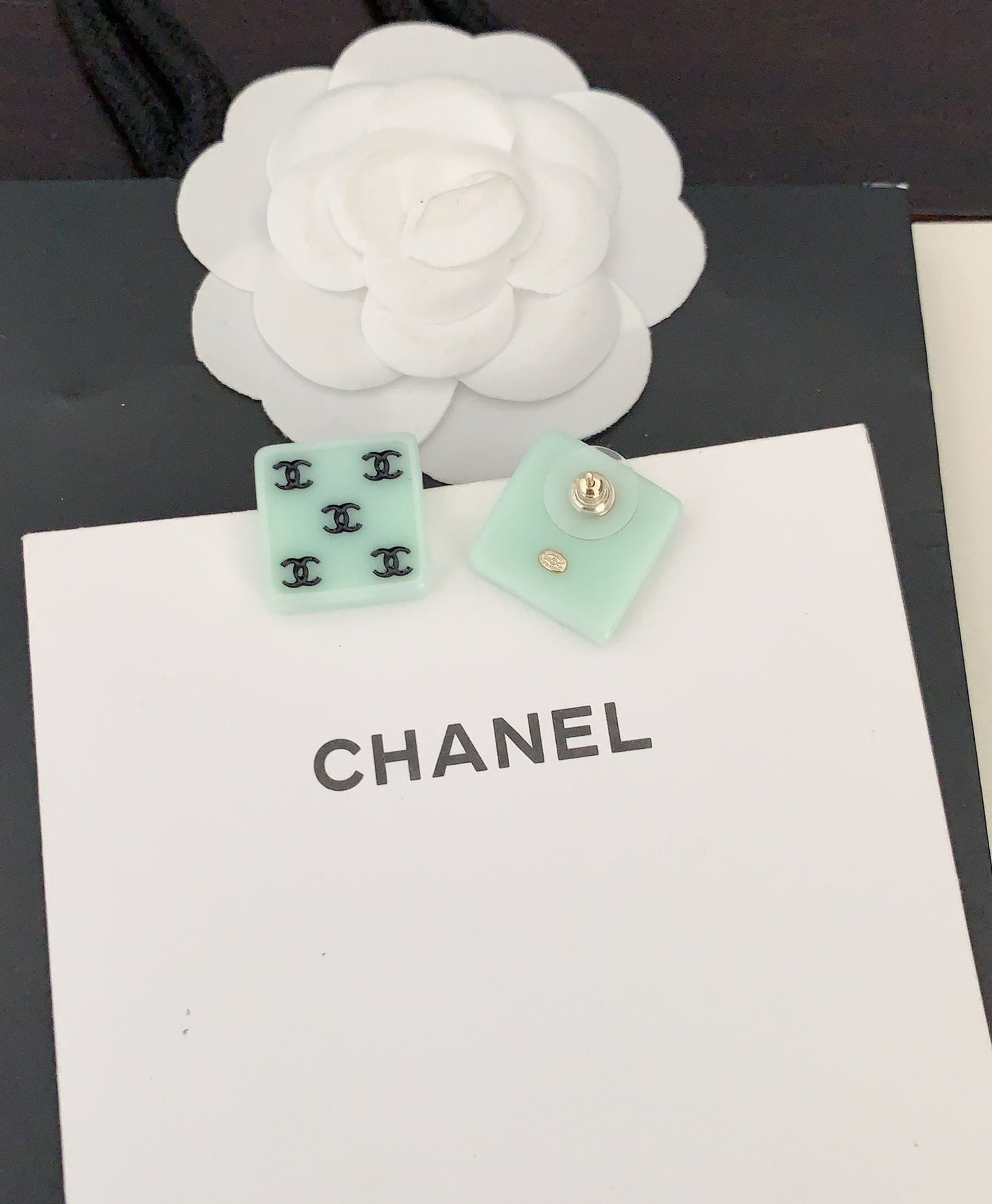 Chanel Green Resin 18K Gold Earrings
