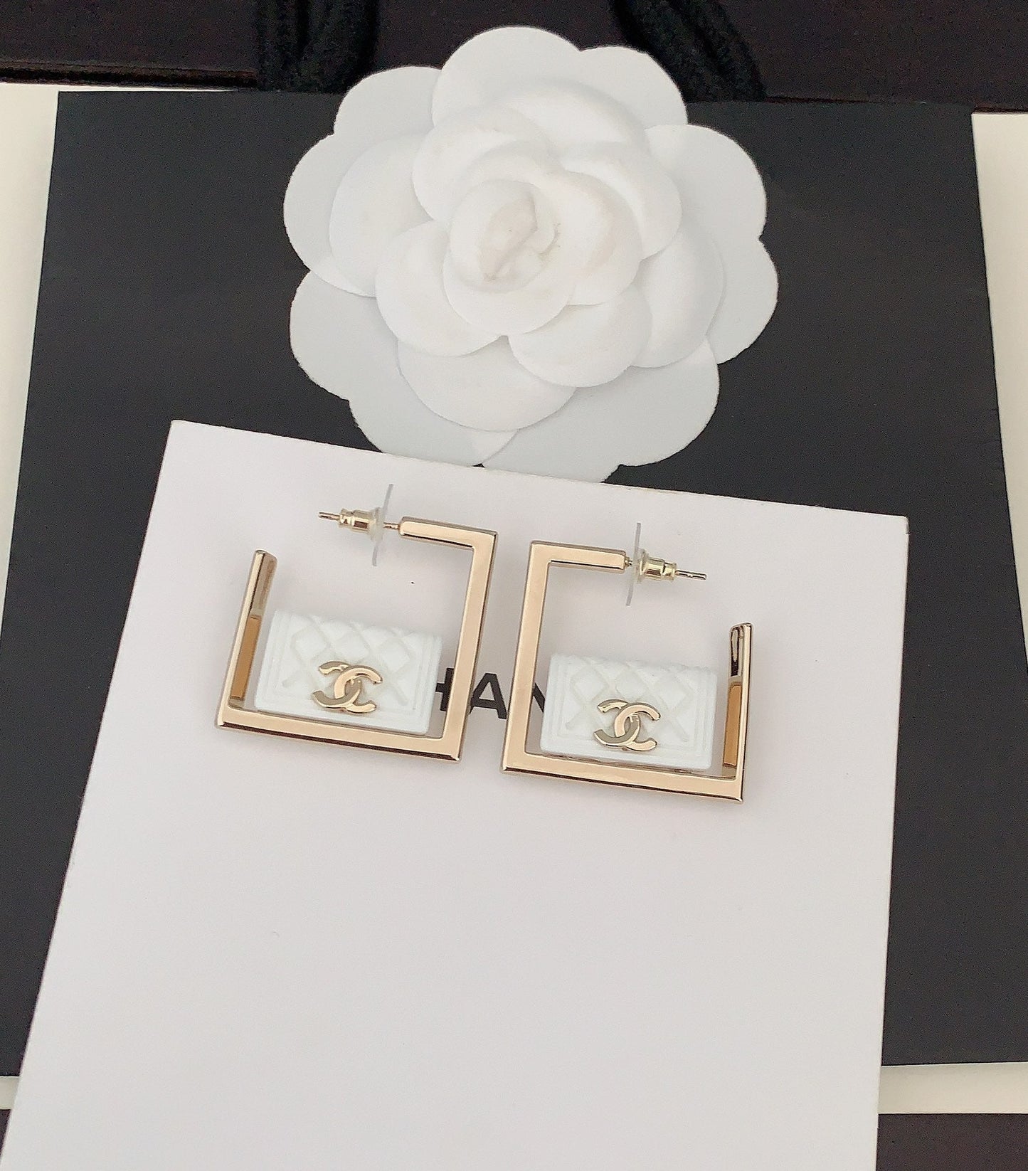 Chanel White Bag Pendant 18K Gold Earrings