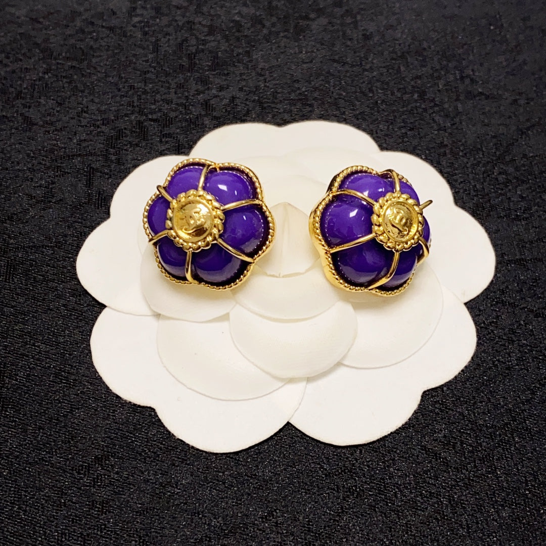 Chanel Purple Flowers 18K Gold Earrings