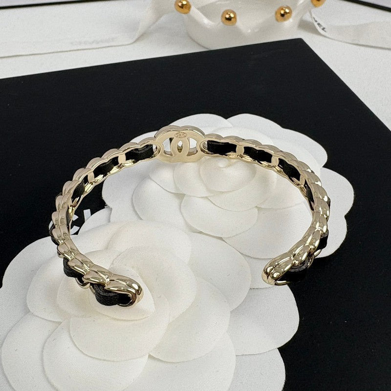 Chanel Black Leather Cuff 18K Gold Bracelet