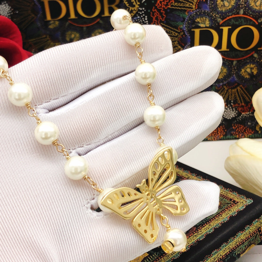 Dior Butterfly Pearl Chain 18K Gold Necklace