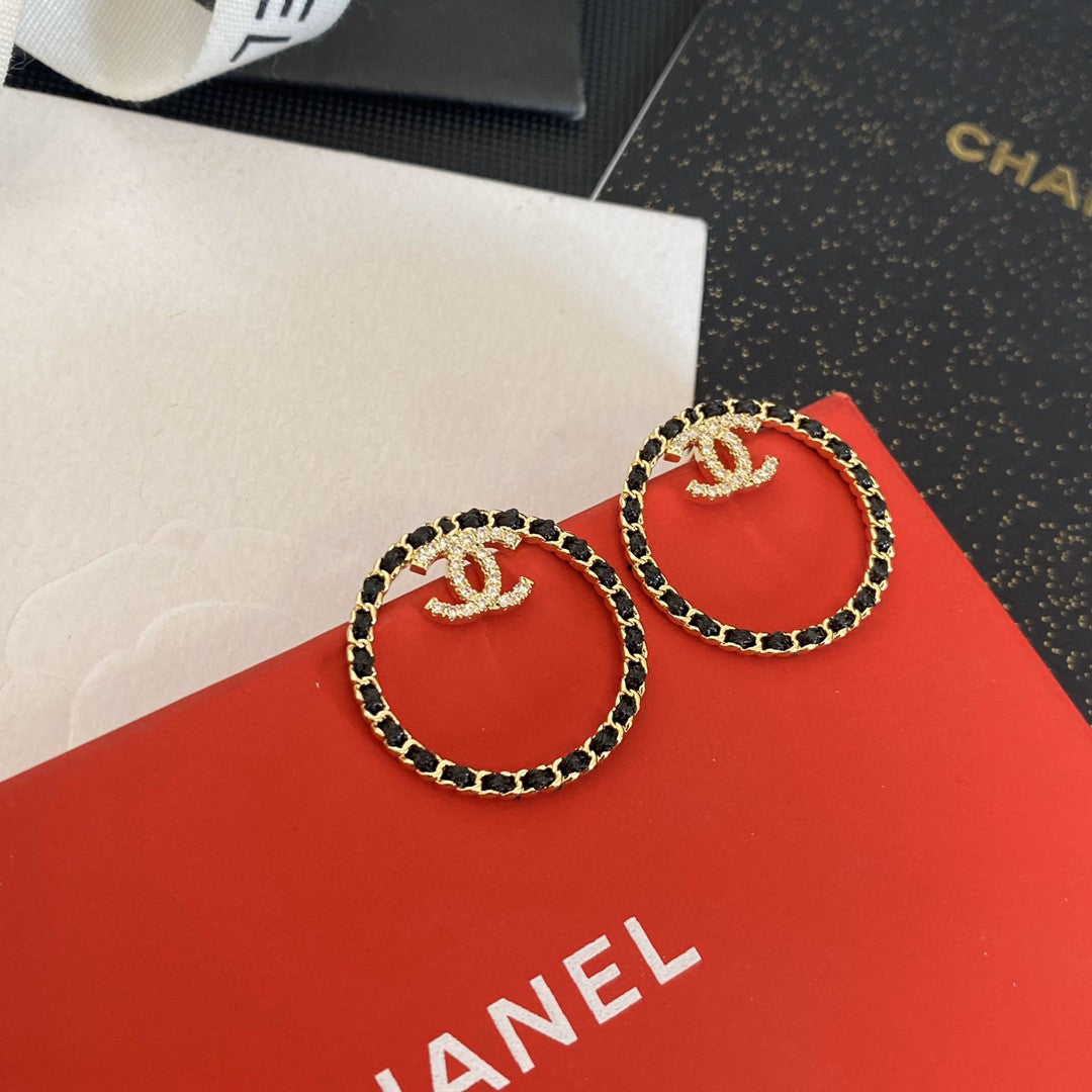 Chanel Black Leather Circle 18K Gold Earrings
