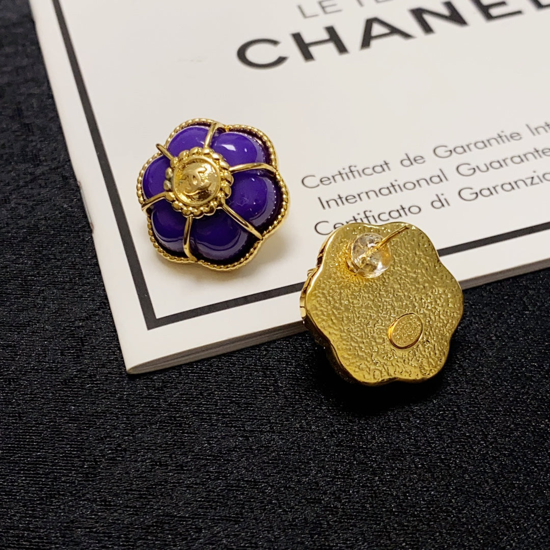 Chanel Purple Flowers 18K Gold Earrings