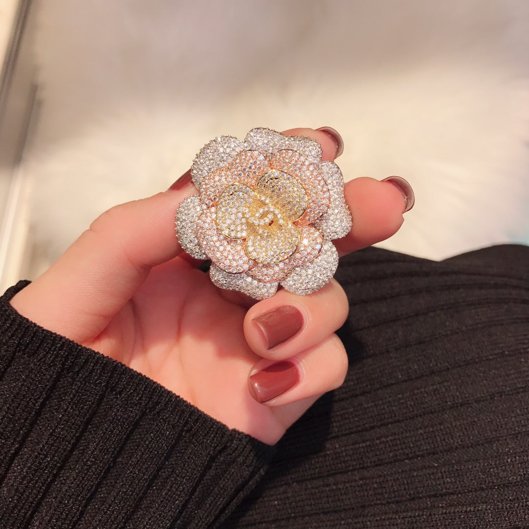 Chanel Pink Flower Diamond 18K Gold Brooch