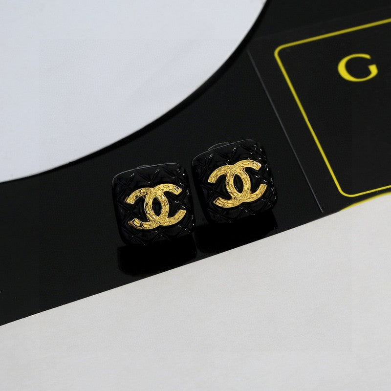 Chanel Black Gold Square 18K Gold Earrings