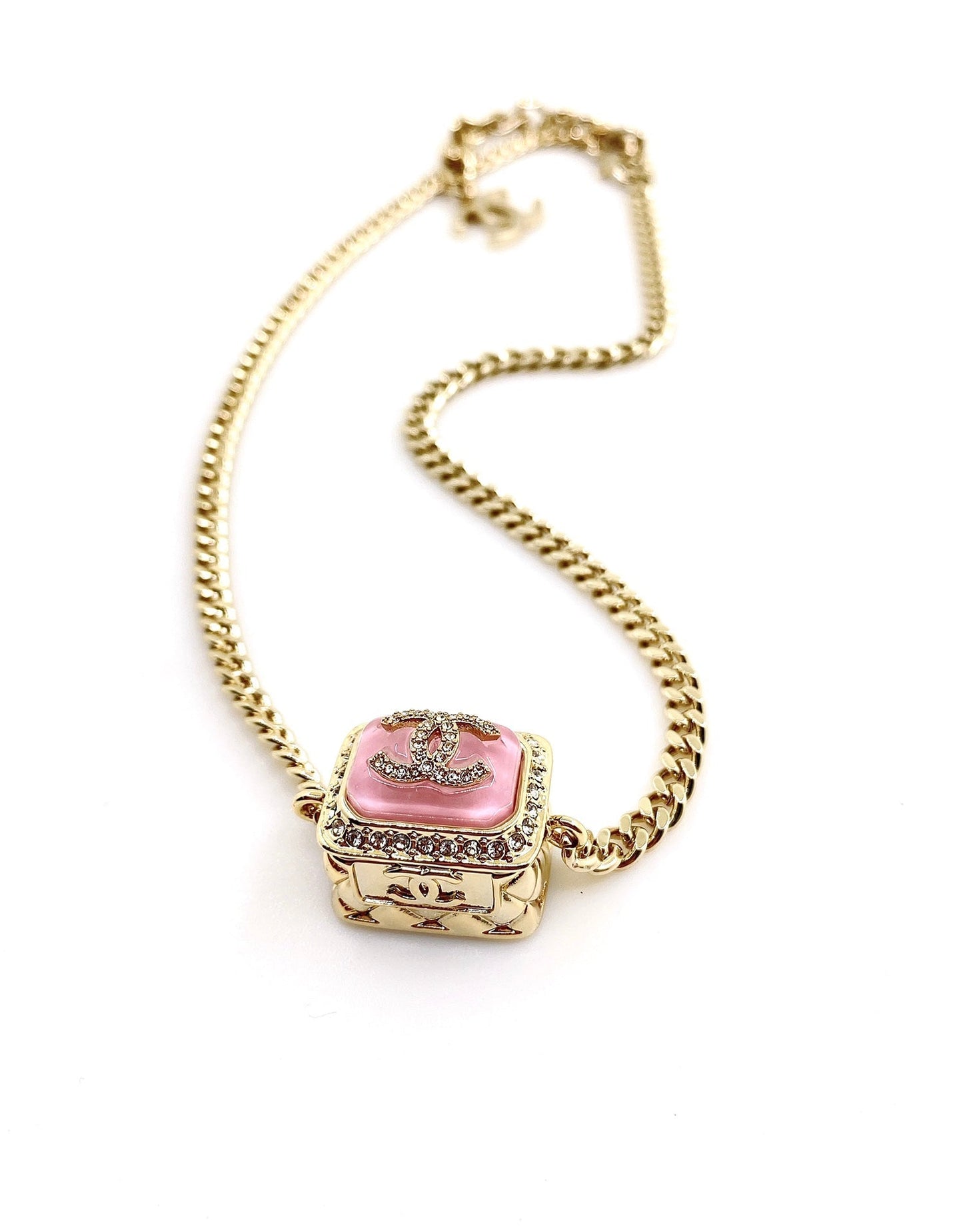 Chanel Pink Resin Chain 18K Gold Necklace