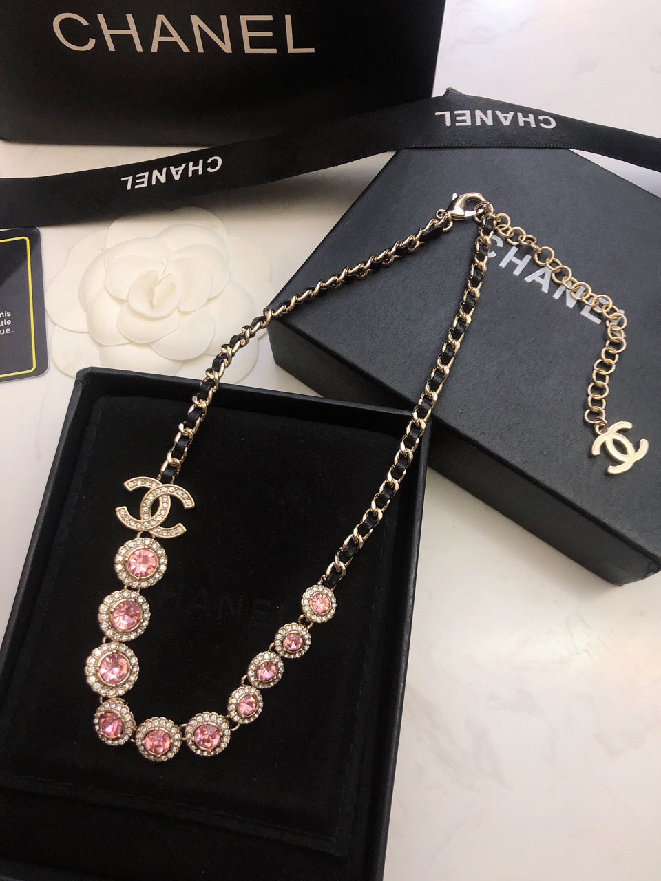 Chanel Pink Crystals Leather 18K Gold Necklace