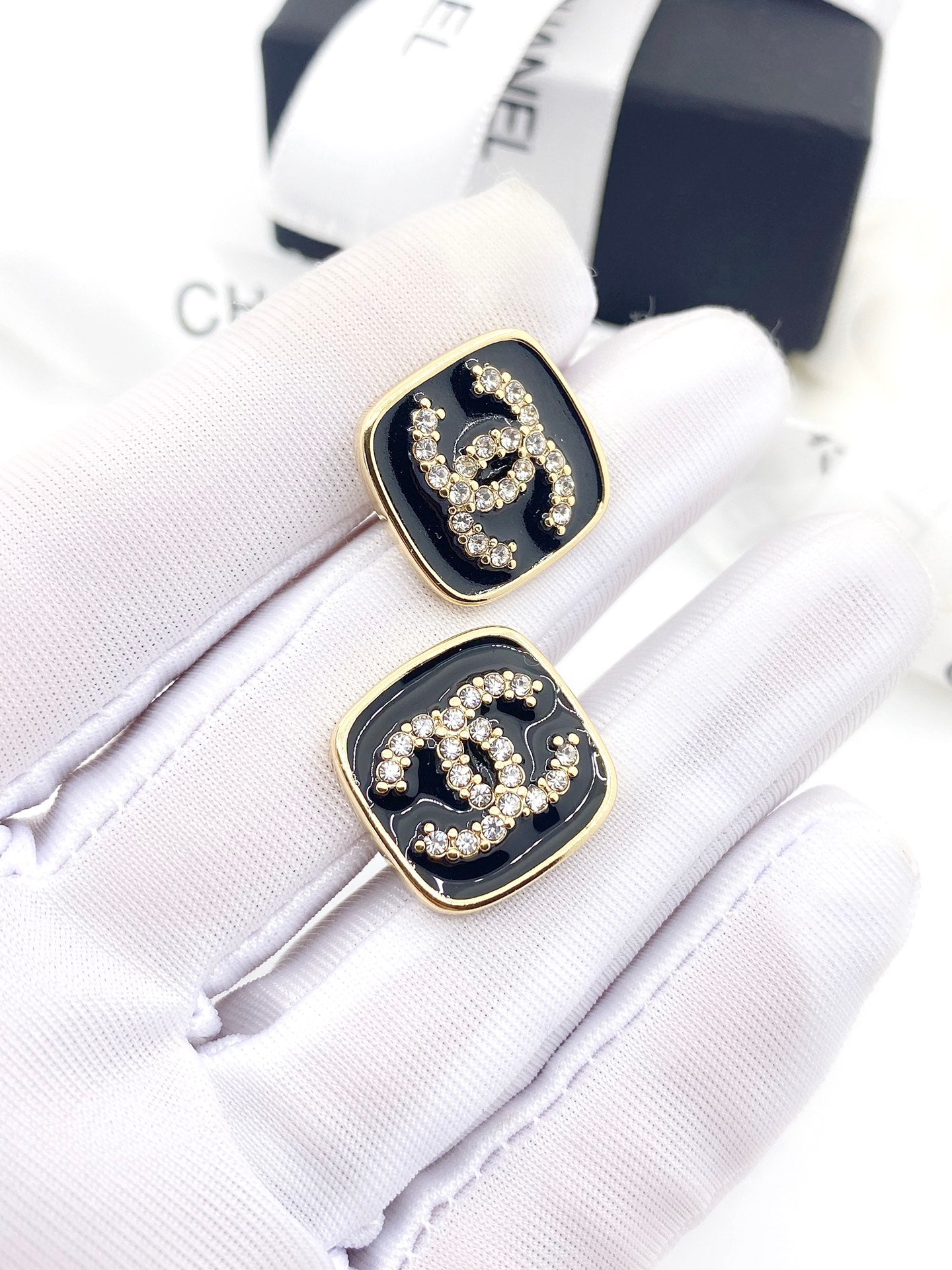 Chanel Square Resin Diamond 18K Gold Earrings