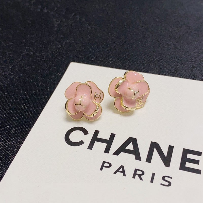 Chanel Red & Pink Camellia 18K Gold Earrings