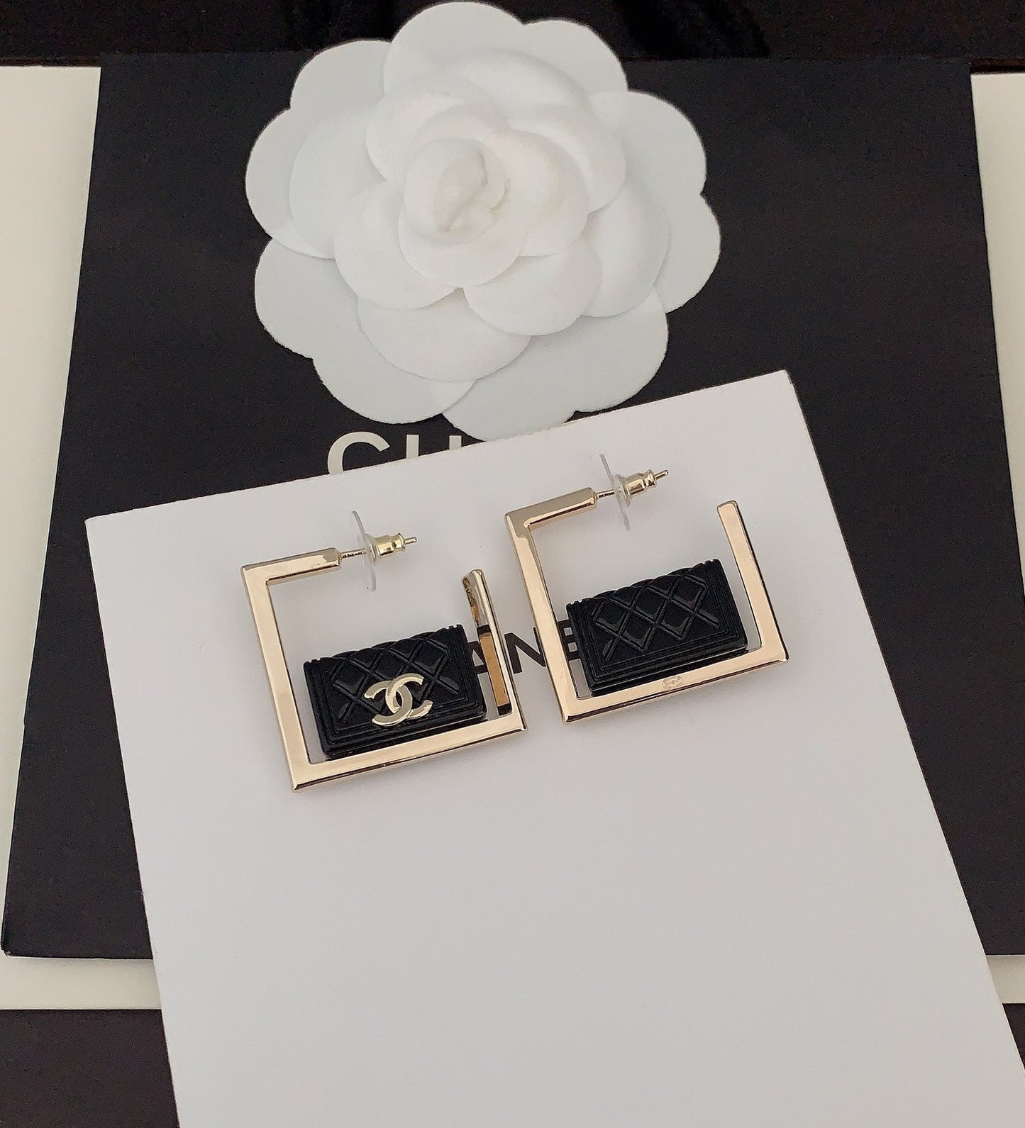 Chanel Black Bag Pendant 18K Gold Earrings