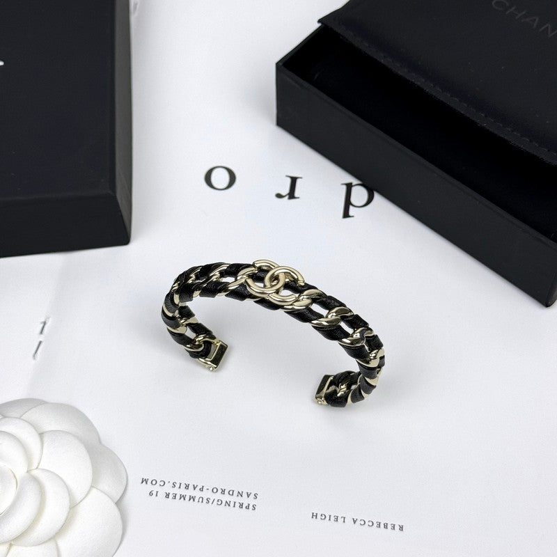 Chanel 26C Black Leather Cuff 18K Gold Bracelet