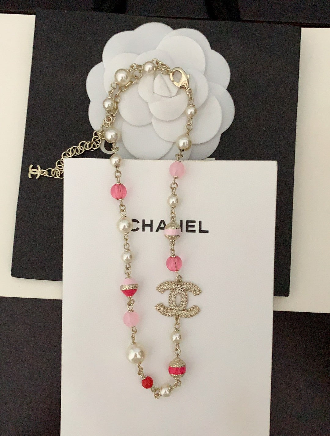 Chanel Pink & White Pearls 18K Gold Necklace