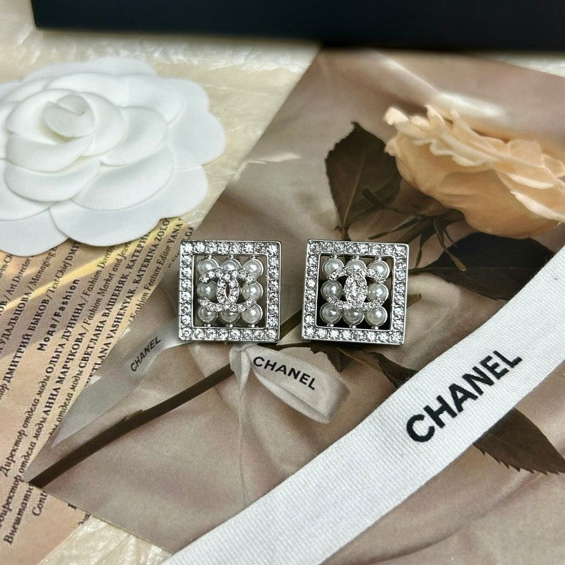 Chanel Diamond & Pearl Square 18K Gold Earrings