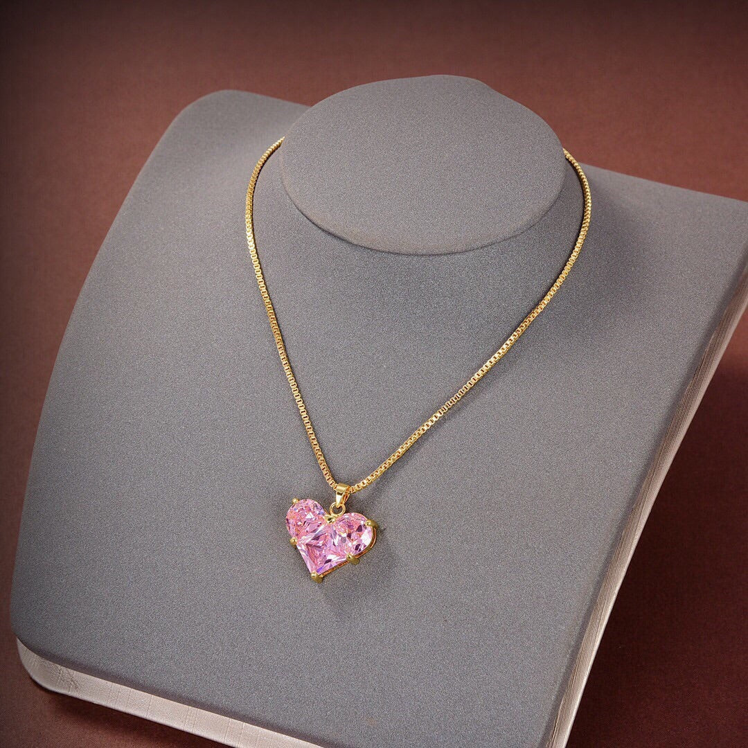 Celine Pink Heart Crystal 18K Gold Necklace