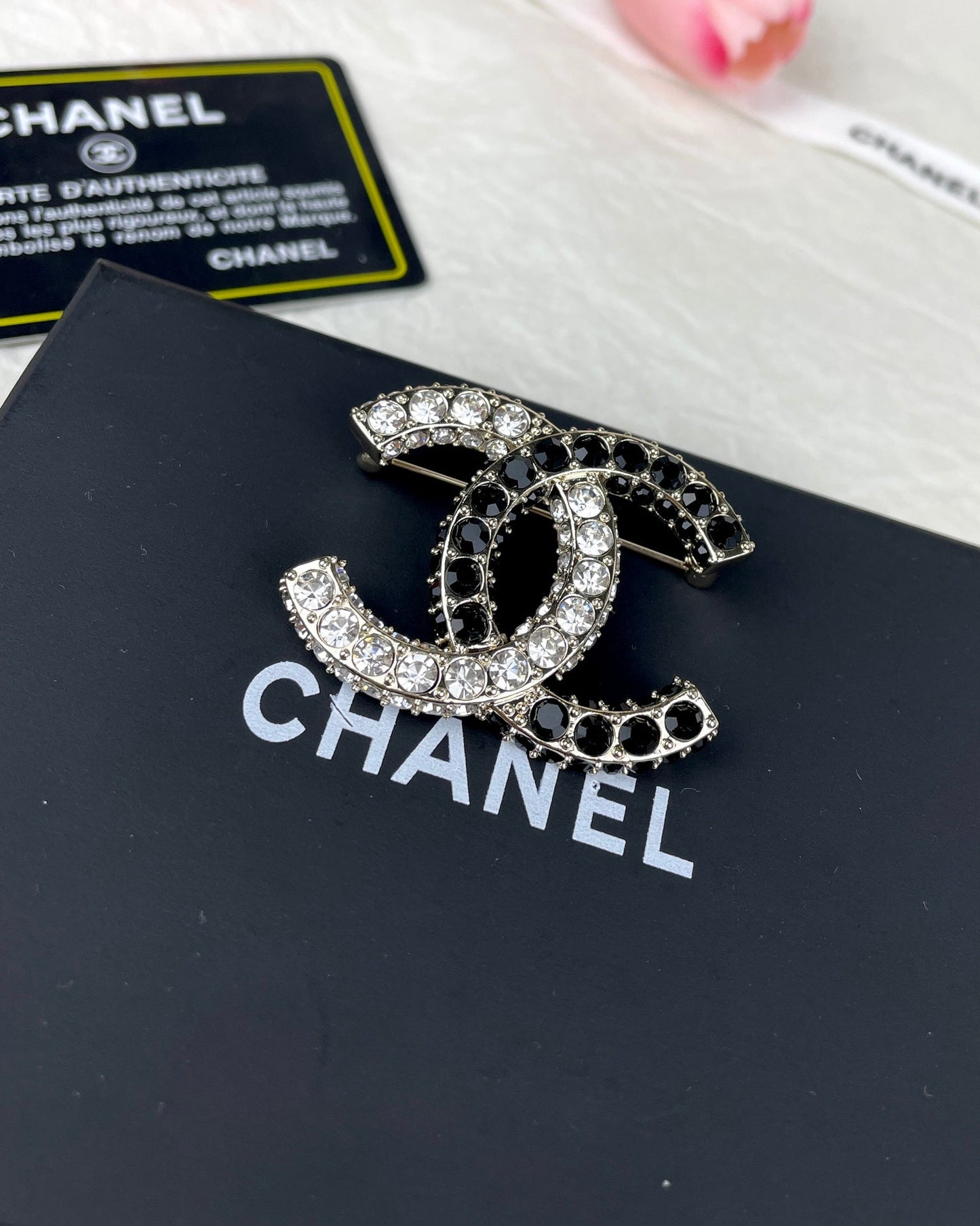 Chanel Black & White Crystals 18K Gold Brooch