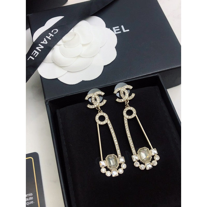 Chanel Crystal Pendant 18K Gold Earrings