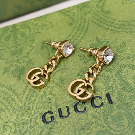 Gucci Double Crystal Chain 18K Gold Earrings
