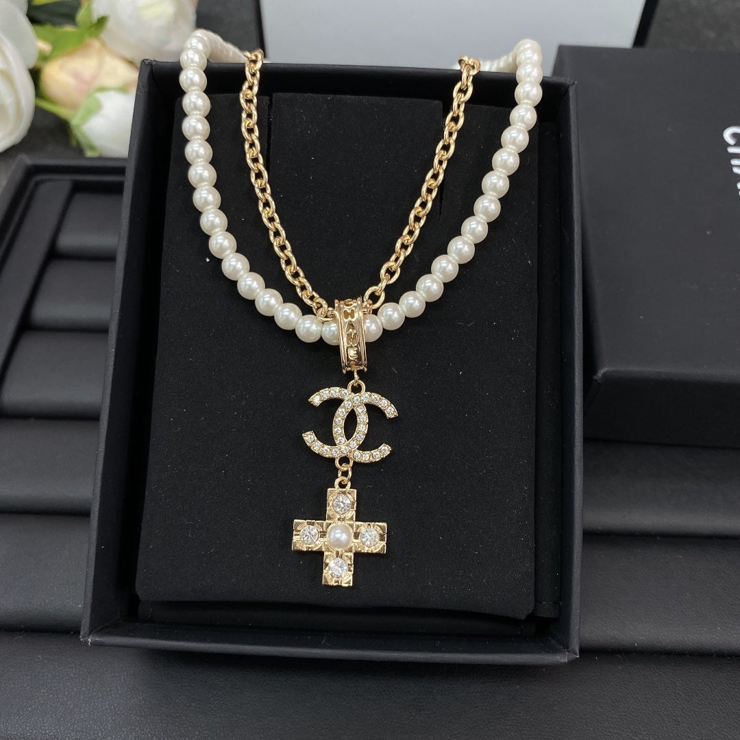 Chanel Cross Diamond Pearl Chain 18K Gold Necklace