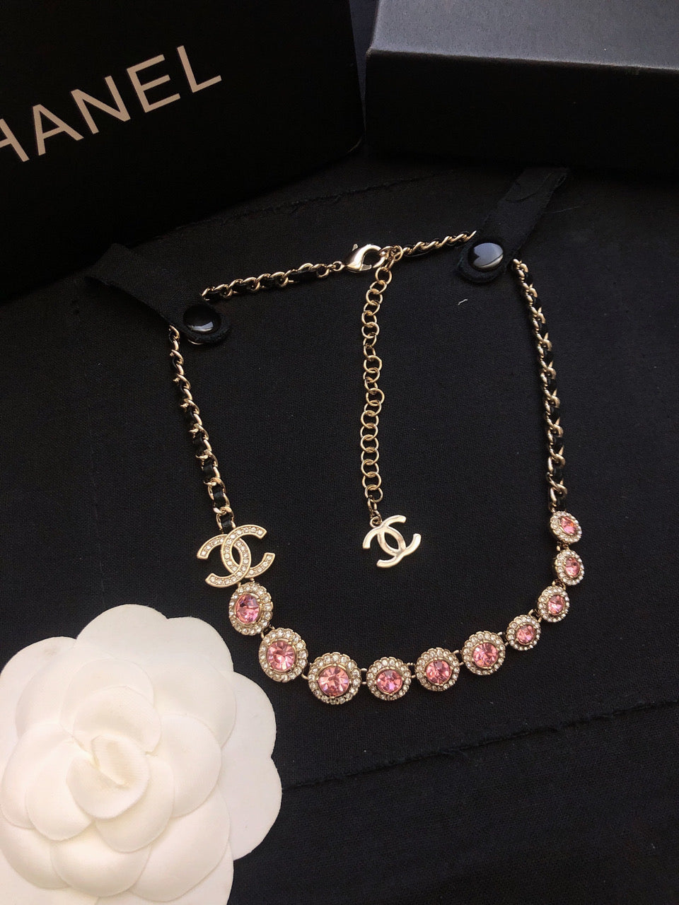 Chanel Pink Crystals Leather 18K Gold Necklace