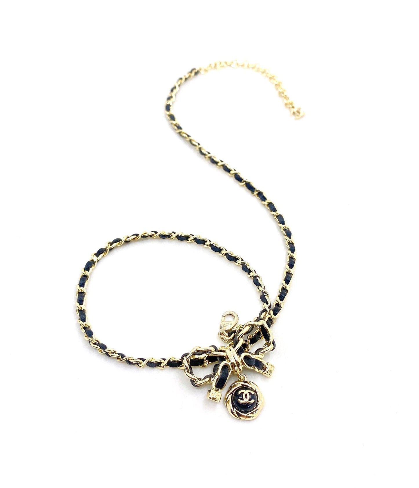 Chanel Rhinestone Bow Tie 18K Gold Necklace