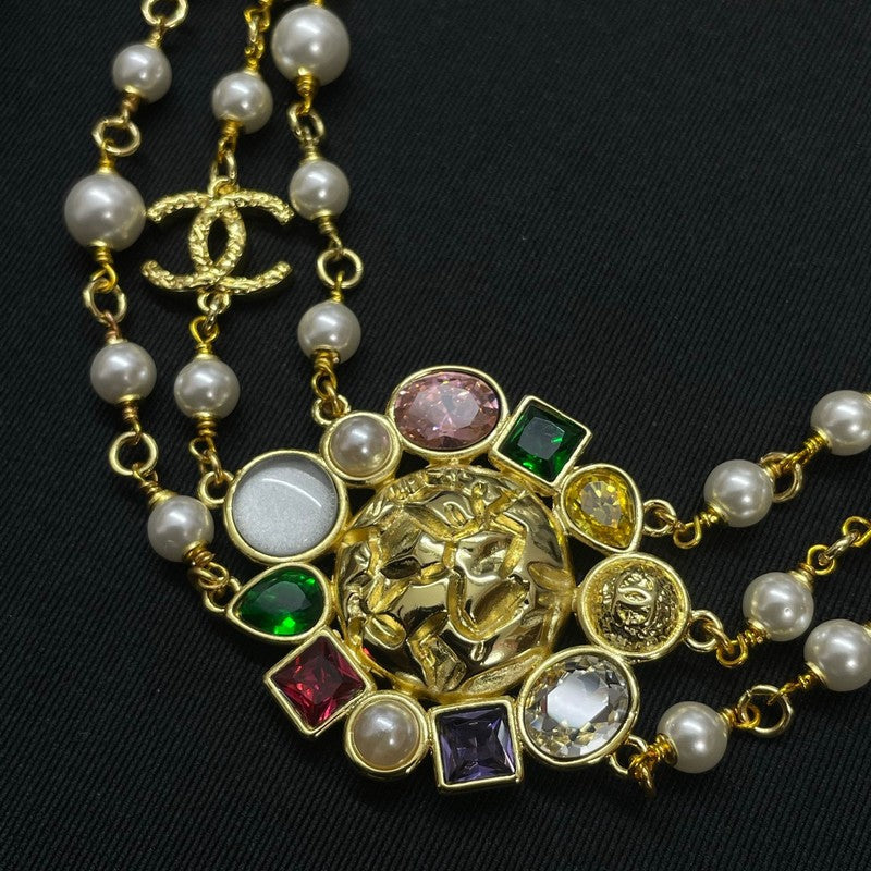 Chanel Color Crystal Pearl Chain 18K Gold Necklace