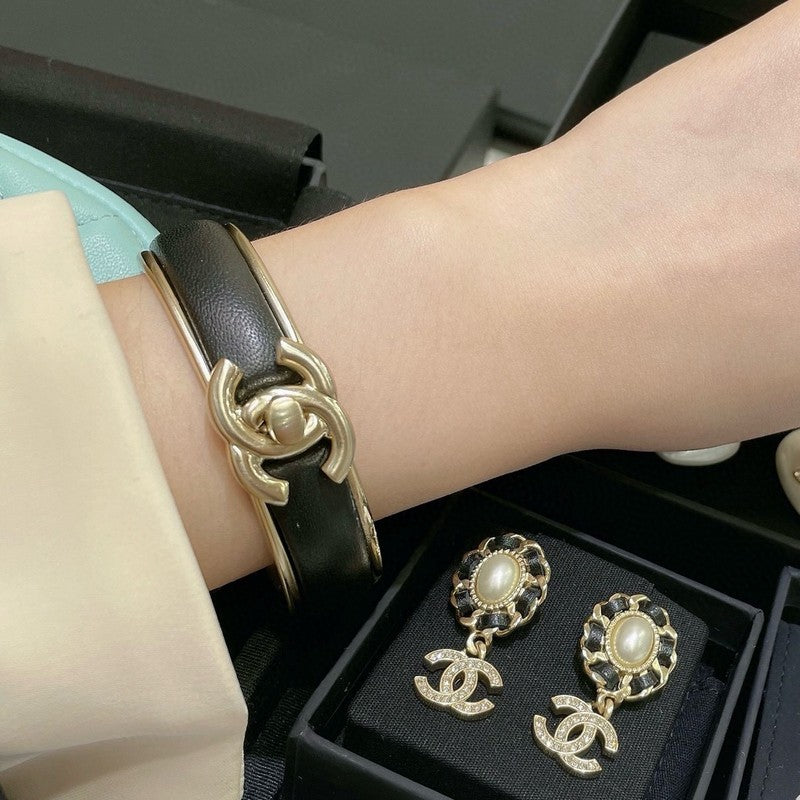 Chanel Black Leather Cuff 18K Gold Bracelet