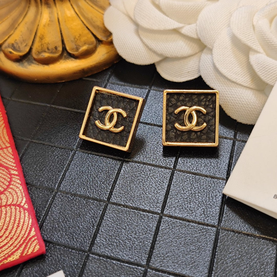 Chanel Black Square 18K Gold Earrings